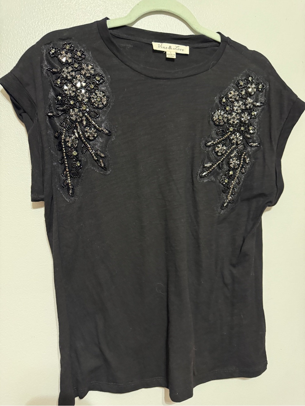Vine & Love Black Short Sleeve Tee with Beaded Shoulder Appliqués
